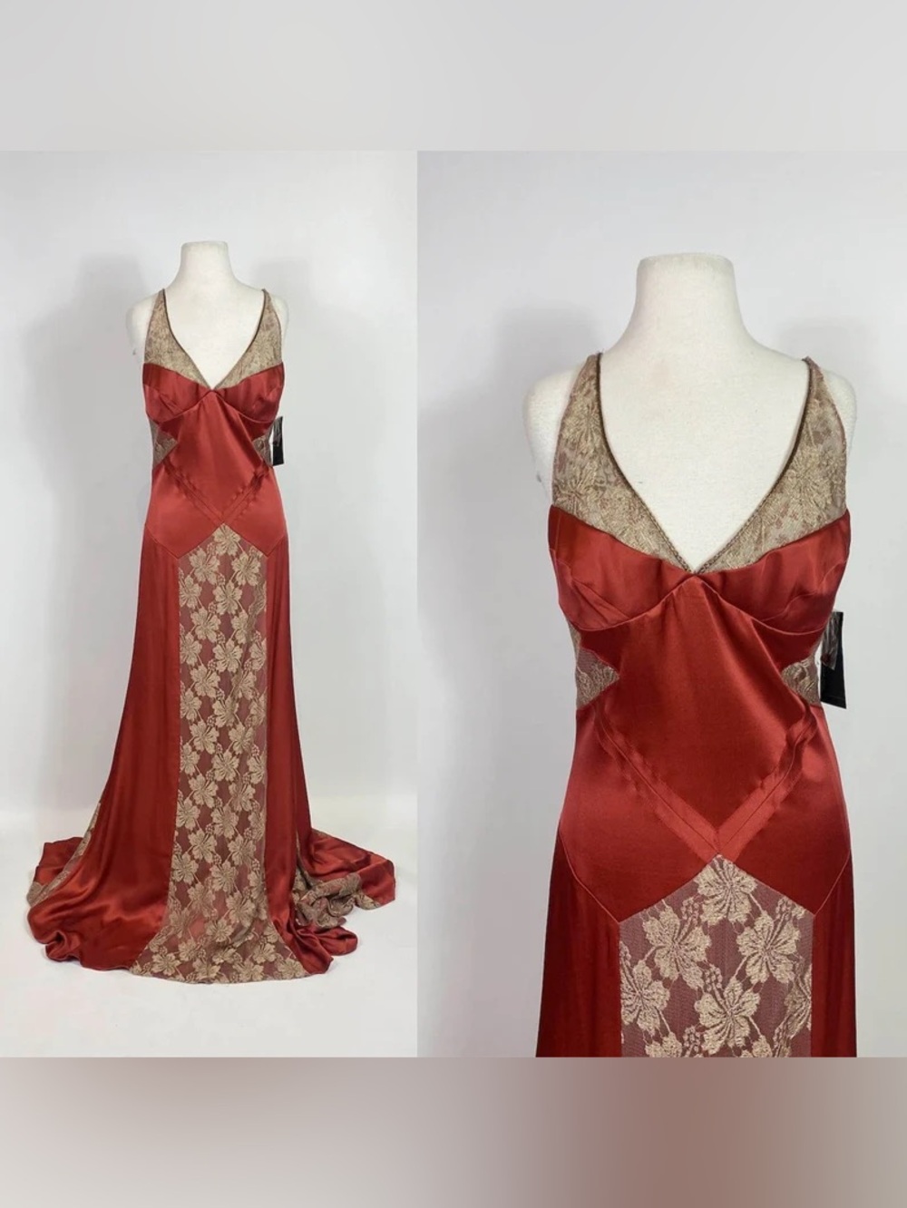 1990s - Y2K Nicole Miller Red Silk Satin and Gold Lace Gown Deadstock NWT